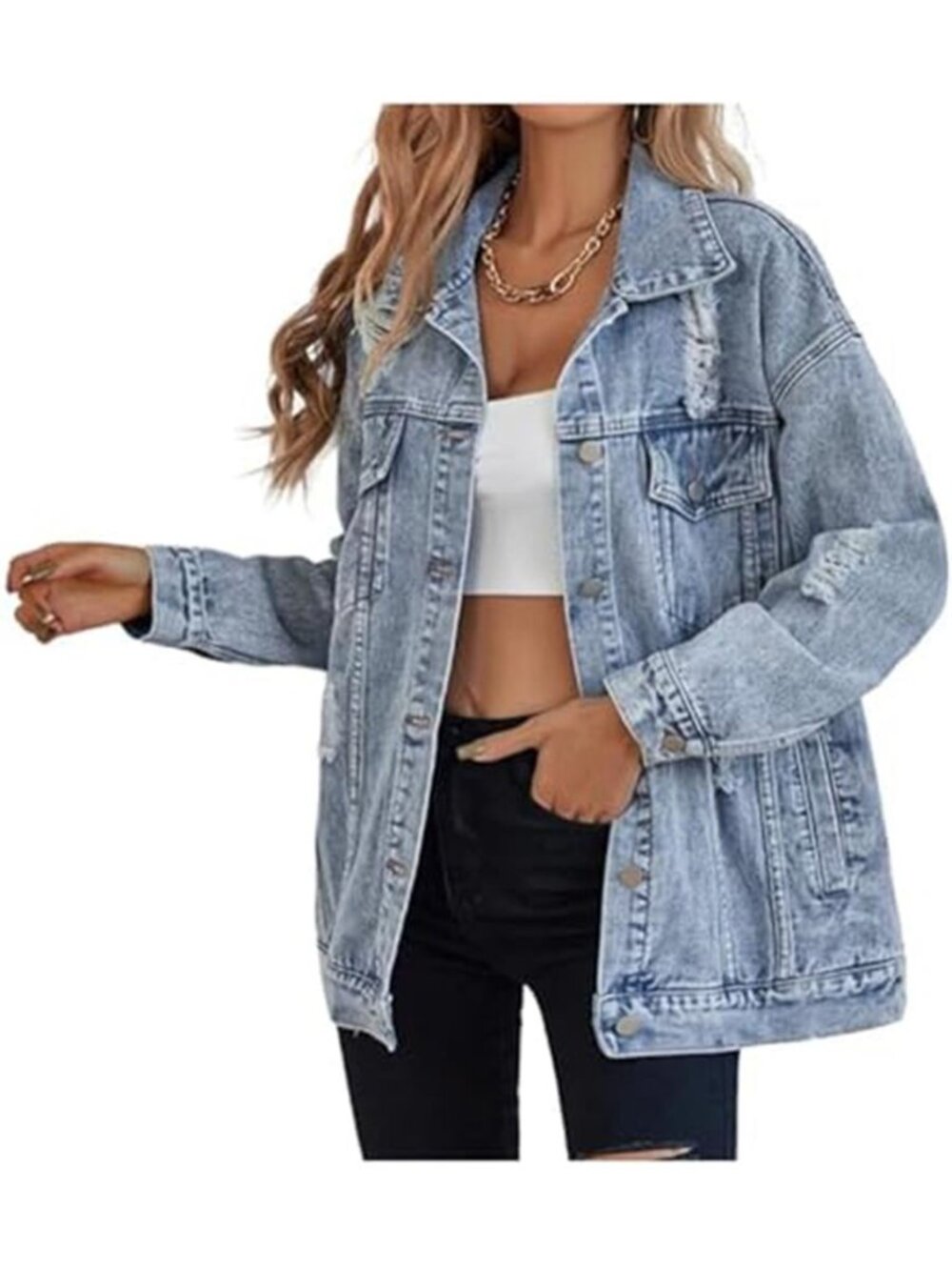 Womens Oversized Denim Jacket Distressed Ripped Boyfriend Jean Jacket Vintage